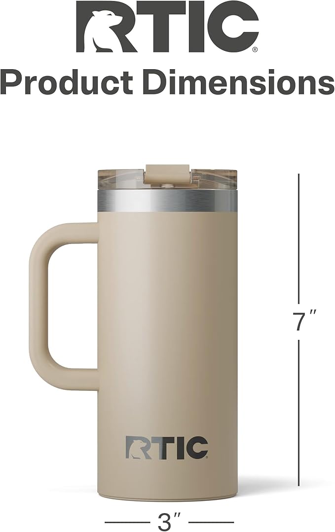 RTIC 16oz Road Trip Travel Mug with Lid and Handle, Ceramic Lined, Insulated, Stainless Steel, Metal, Double Wall Vacuum-Insulation, Portable Coffee, Tea Cup for Hot and Cold Drink, Beach