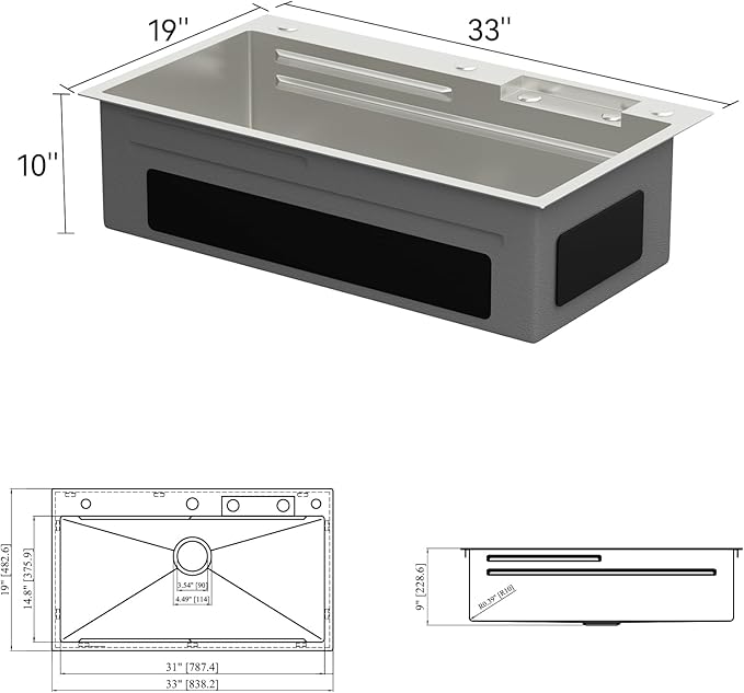 Lordear 33 Watefall Drop In Kitchen Sink 33x19x9 Inch Topmount Sink Stainless Steel 16 Gauge Single Bowl Multifunctional Workstation Sinks with Built-in Accessories,Glass Rinser and Faucet Included