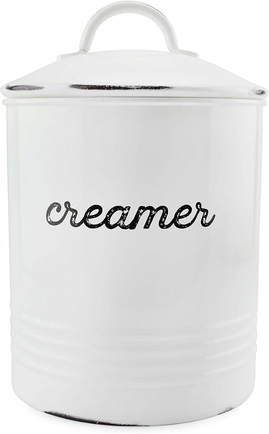 AuldHome Design Enamelware White Creamer Canister; Rustic Distressed Style Coffee Accessory Storage for Kitchen