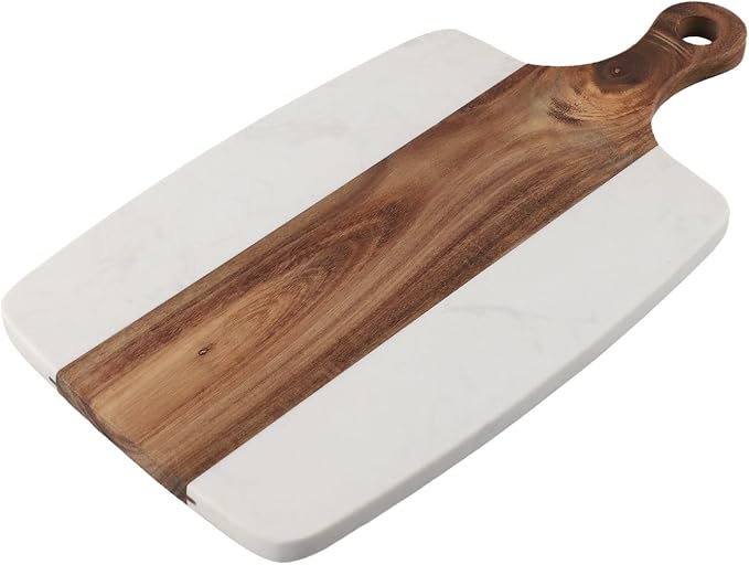 Cutting Board Chopping Board with Handle,Two-Sided Marble Wood Cheese Board for Bread,Fruits,Vegetables,Meats,Acacia Wood Faux Marble Serving Tray,18.5 x 34.9 cm
