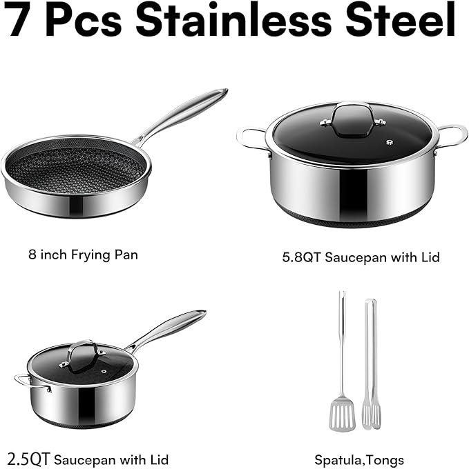 7-Piece 5 Ply Stainless Steel Cookware Set with Lids, Pots and Pans Set Non Stick, Non-Toxic, for Induction, Oven, Dishwasher Safe, RV Essentials, Kitchen Appliances