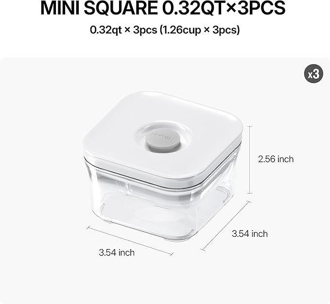 VAKUEN Premium Airtight Food Storage Containers, Mini Square 3pc/set(0.32qt), Smart One-Click Seal Lid, No Hinges, 100% Leak Proof, BPA-FREE, Dishwasher, Freezer & Microwave Safe