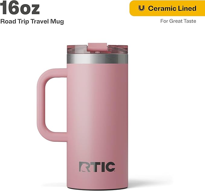 RTIC 16oz Road Trip Travel Mug with Lid and Handle, Ceramic Lined, Insulated, Stainless Steel, Metal, Double Wall Vacuum-Insulation, Portable Coffee, Tea Cup for Hot and Cold Drink, Dusty Rose
