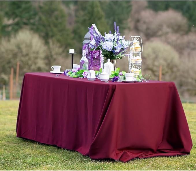 LTC LINENS 10-Pack Rectangular Tablecloths 90 in x 132 in with Rounded Corners - Burgundy Table Cloths for 6 ft Rectangle Tables Floor Length - Polyester Fabric Cloth Table Covers for Wedding, Party