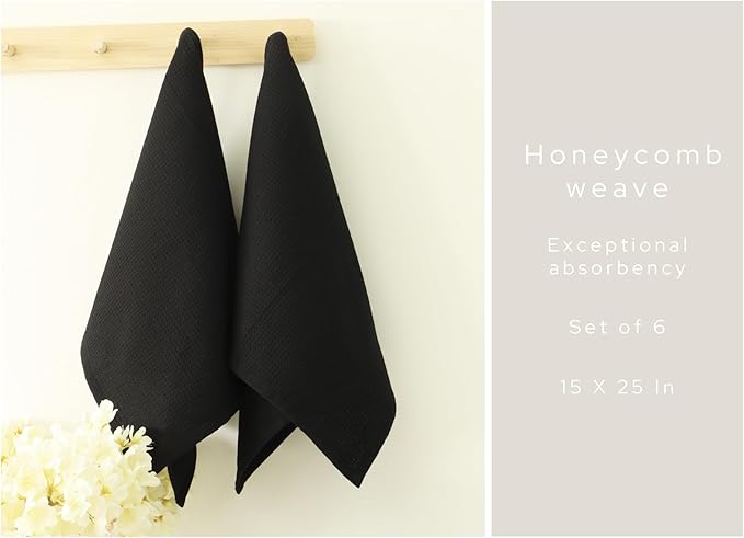 PurpleEssences Waffle Weave Kitchen Towel, 100% Cotton - 15x25 Inches, with Hanging Loop Ultra Soft Absorbent Quick Drying Dish Cloth, Tea and Hand Towels, 6 Pack - Christmas Holiday Winter - Black
