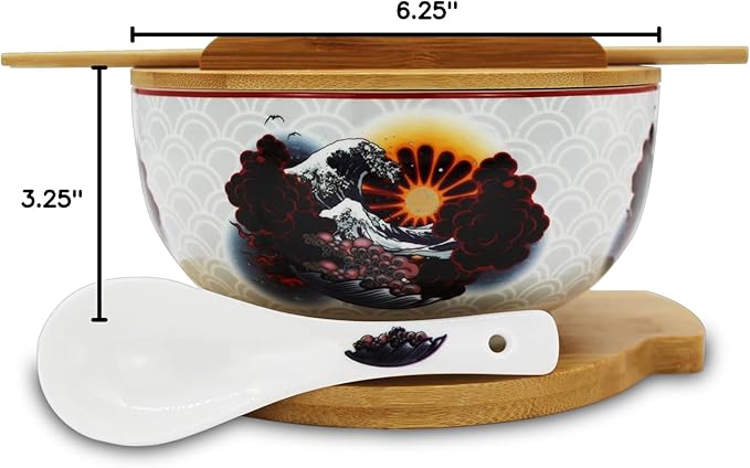 XWORLD Japanese Ceramic Ramen Noodle Bowls Set with Ceramic Spoon, Bamboo Chopsticks, Lid & Trivet, Serving Capacity of 33.8 OZ, Microwavable Oven Safety (3.3” x 6.6” D) (Landscape)