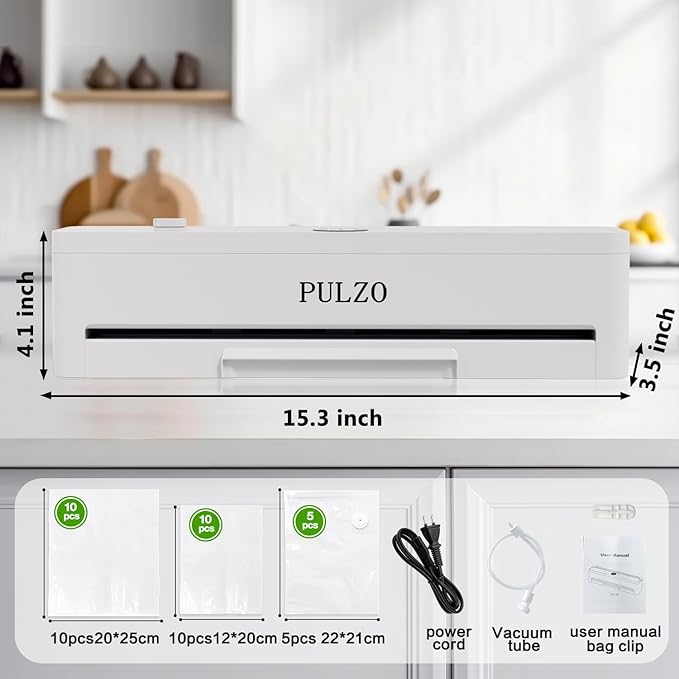 PULZO True-Auto Vacuum Sealer Machine, 85KPa Vacuum Sealer for Food with Digital Countdown, LED Smart Touch, External Sliding Blade, Dry/Moist Mode, Removable Drip tray, Complete Starter Kits