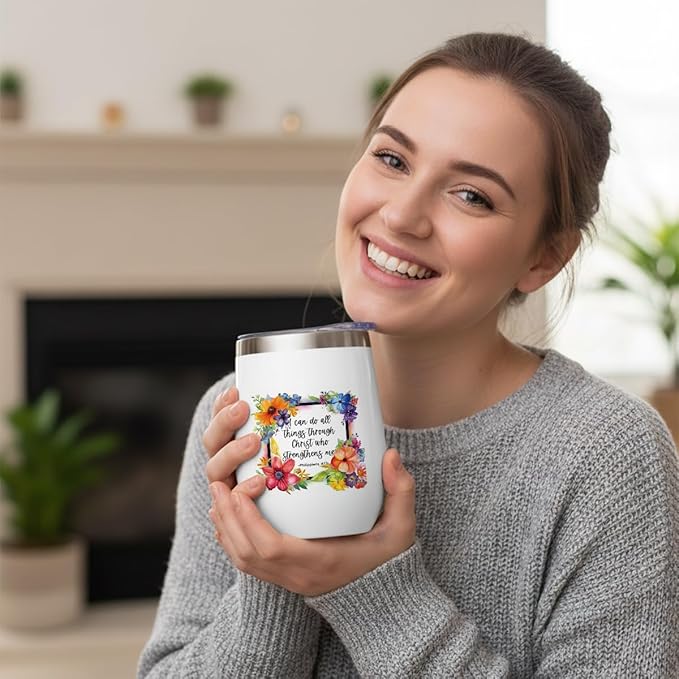 Inspirational Pray Christian Gifts for Women Wine Tumbler Insulated Wine Glasses 12 oz Tumbler with Lid Bible Verse Religious Gifts for Female Girls Mom Grandma Coworker Birthday Christmas Anniversary