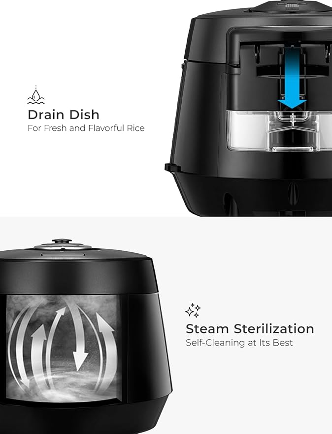 CUCKOO High Pressure Rice Cooker 10-Cup Uncooked / 20-Cup Cooked with Nonstick Inner Pot, Large Rice Maker with 13 Menu Options and Steam Plate, Fuzzy Logic Tech, Auto Clean, Black (CRP-PK1001S)