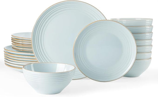Famiware Jupiter Dinnerware Set, Plates and Bowls Dish Sets for 8 (24 Pieces), Microwave and Dishwasher Safe Stoneware Speckled Tableware, Chip and Scratch Resistant, Light Blue