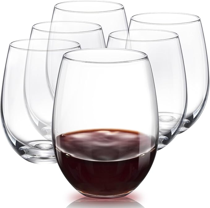 Stemless Wine Glasses Set of 6,Hand Blown Red Wine Glasses,Crystal Drinking Glasses Clear Glass Wine Tumbler,18.5oz