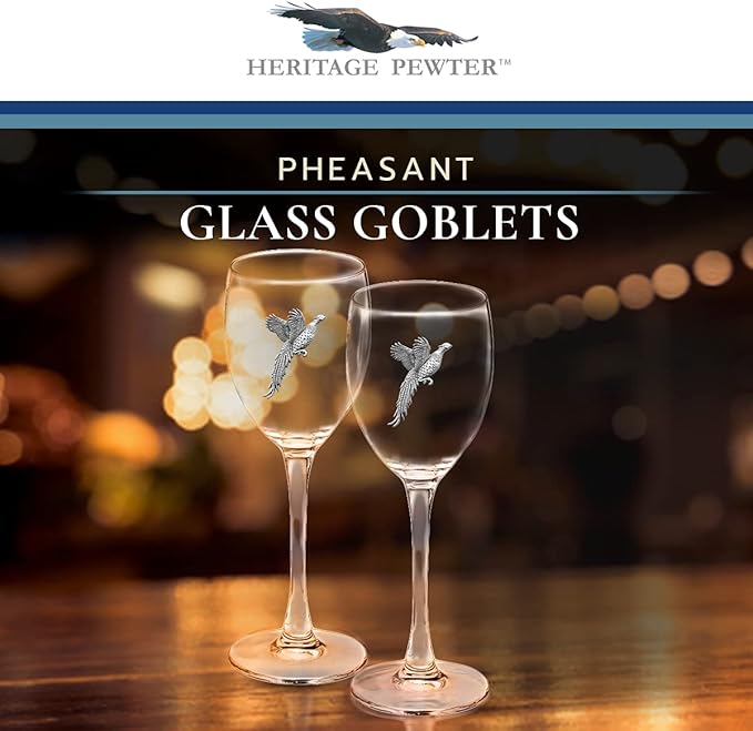 Heritage Pewter Pheasant Glass Goblets – Set of 2 | 12 OZ Goblet Wine Glasses | Expertly Crafted Pewter Glass
