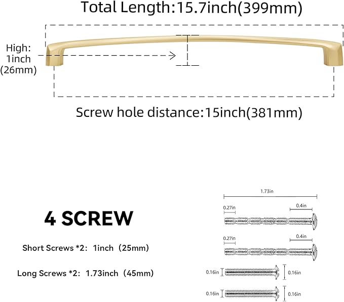 6 Pack Brushed Brass Kitchen Cabinet Handles 15 Inch(381mm) Cabinet Pulls Zinc Alloy Drawer Pulls Solid Kitchen Hardware