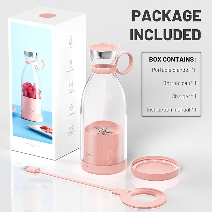 OTPEIR Portable Blender for Shakes and Smoothies with 11.83 Oz Travel Cup and Lid,Durable Stainless Steel Blades for Juice Blending Performance, Pink