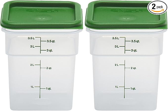 Cambro Food Storage Container with Lid (Microwave Safe and BPA-Free) - 2 Pack - Classic Series Square with Green Lid - 4 QT (Quart) - Commercial Grade for Food Prep (Translucent)