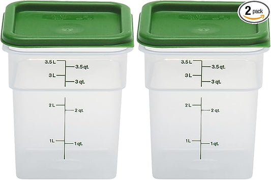 Cambro Food Storage Container with Lid (Microwave Safe and BPA-Free) - 2 Pack - Classic Series Square with Green Lid - 4 QT (Quart) - Commercial Grade for Food Prep (Translucent)