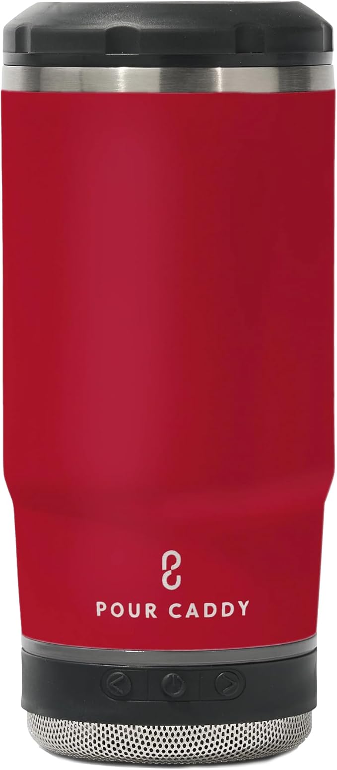 Chill & Brew, Insulated Can & Bottle Holder, Bluetooth Cup with Speaker, Fits 12 oz Cans, Skinny Cans, Most Bottles & Cold Drinks, Red