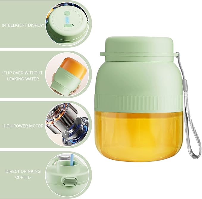 Portable Blender, 500ml Rechargeable Portable Juicer with Dual Lids & Straw Leakproof 10-Blade Electric Blender for Juicing, Complementary Food, Grinding, Ice