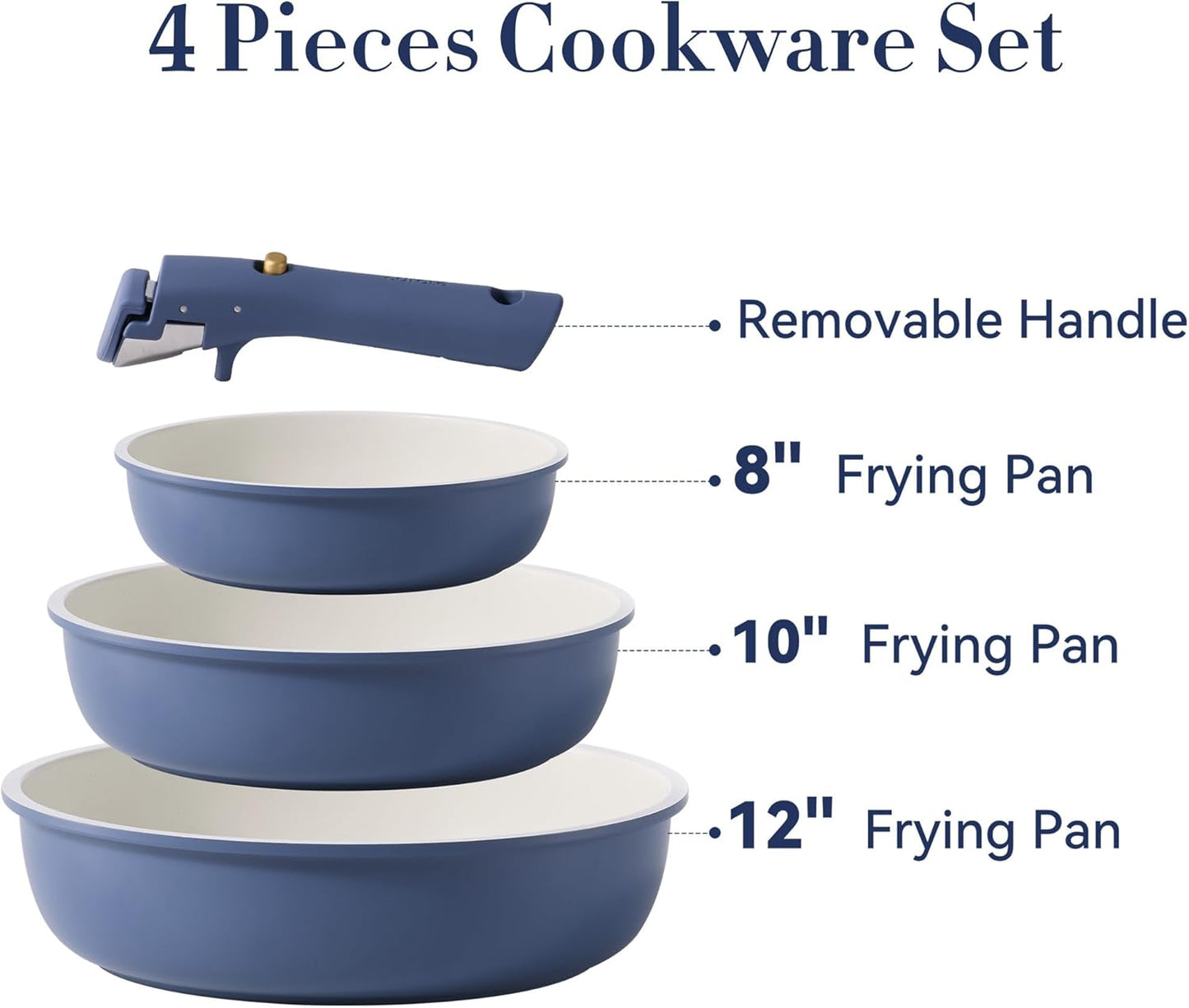 CAROTE 4pcs Non Stick Frying Pans, 8"+10"+12” Frying Pan Egg Pan Omelet Pans with Detachable Handle, Nonstick Cookware, PFOA Free, Induction Compatible & Oven Safe, Dishwasher Safe, Blue