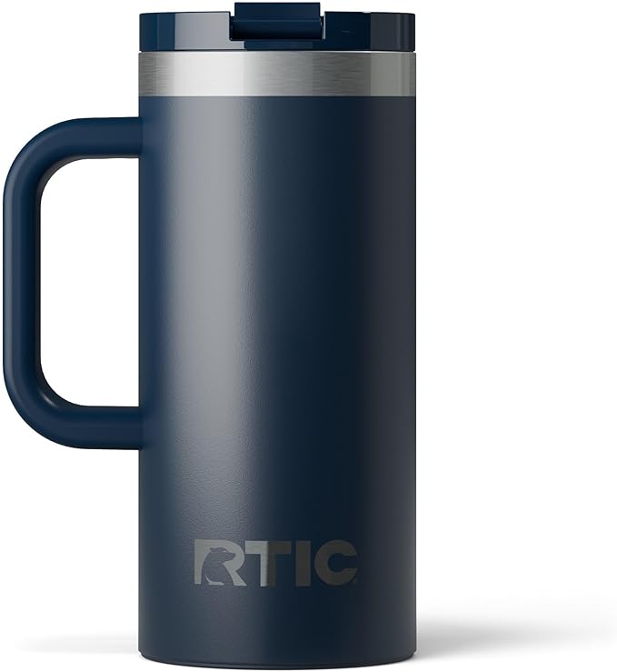 RTIC 16oz Road Trip Travel Mug with Lid and Handle, Ceramic Lined, Insulated, Stainless Steel, Metal, Double Wall Vacuum-Insulation, Portable Coffee, Tea Cup for Hot and Cold Drink, Navy