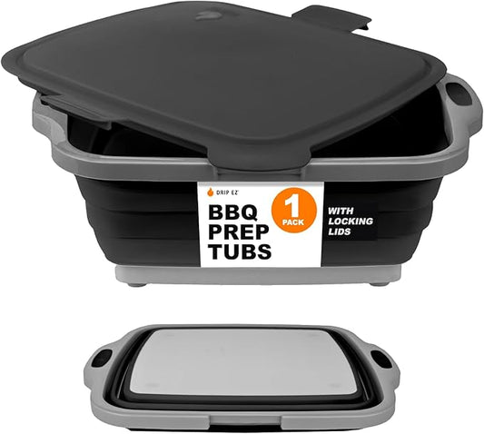 Drip EZ Collapsible BBQ Prep Tub - for Meal Prep Marinating Food Storage - Includes Cutting Board & Locking Lid - (1) JR - Black