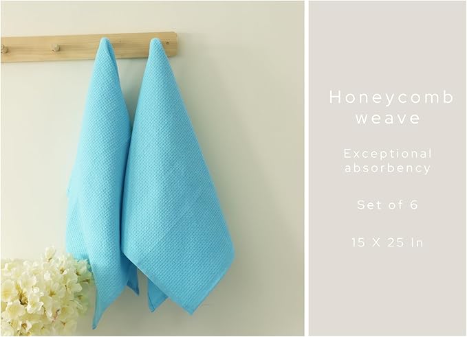 PurpleEssences Waffle Weave Kitchen Towel, 100% Cotton 15x25 Inches, with Hanging Loop Soft Absorbent Quick Drying Dish Cloth, Tea and Hand Towels, 6 Pack - Christmas Holiday Winter - Aqua Blue