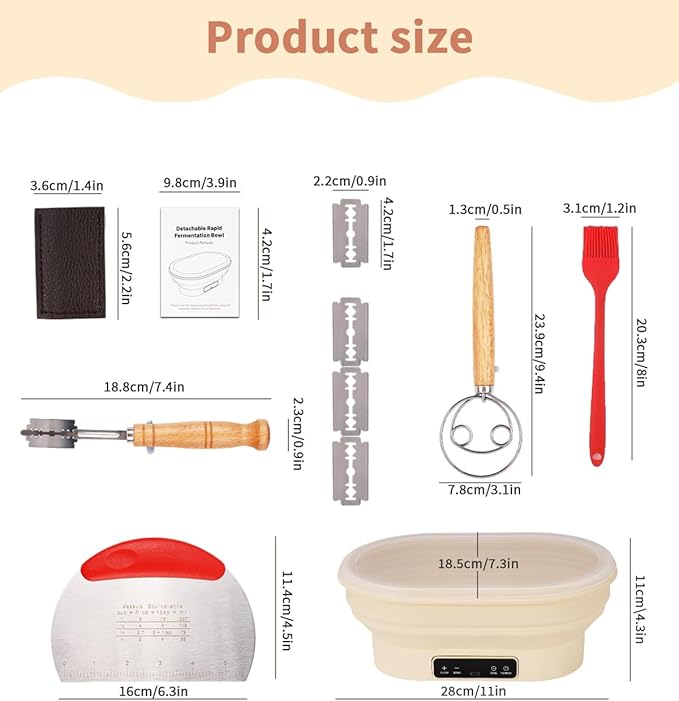 2L Heating Bread Proofing Basket Set Foldable Thermostatic Silicone Bowl with 77-122℉ 6 Gears Temperature & 6H Timer, for Artisan Baking Sourdough Starter Bread Making Supplies Tools Kit