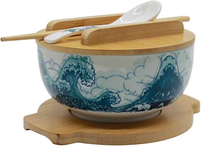 XWORLD Japanese Ceramic Ramen Noodle Bowls Set with Ceramic Spoon, Bamboo Chopsticks, Lid & Trivet, Serving Capacity of 33.8 OZ, Microwavable Oven Safety (3.3” x 6.6” D) (Blue Sea)
