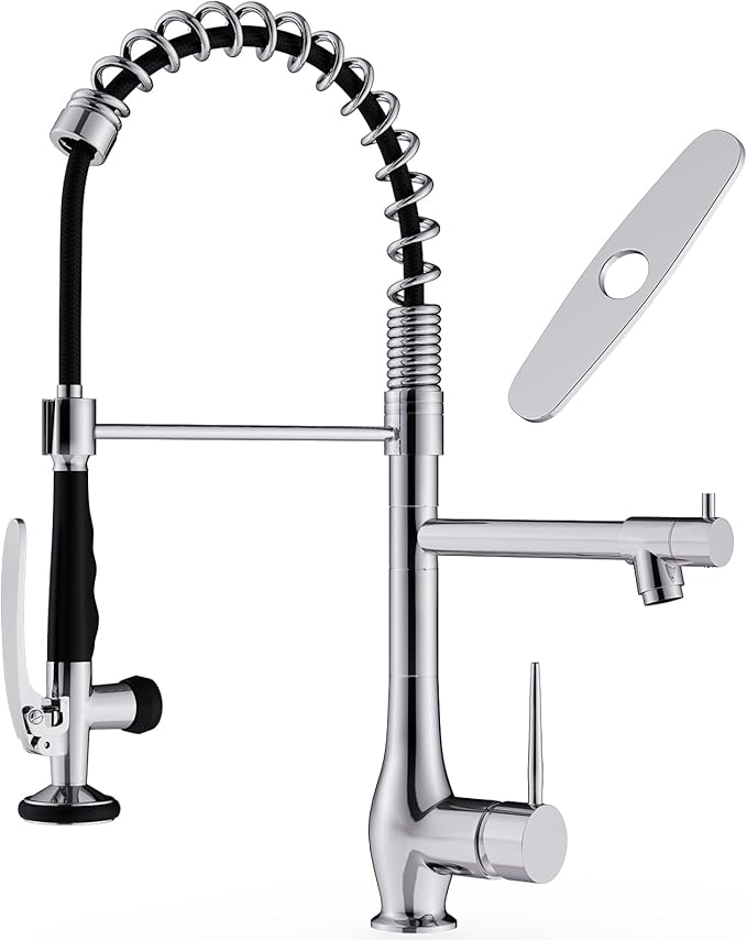 GIMILI Chrome Kitchen Faucet with Pull Down Sprayer, Single Handle High Pressure Kitchen Sink Faucet, Commercial Double-Headed Stainless Steel Kitchen Faucets Sink with Deck Plate
