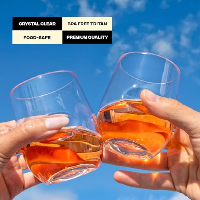 Unbreakable Stemless Wine Glass – Set of 2, 12oz, Dishwasher Safe, BPA-free Tritan, Clear Stemless White Wine Glasses, Shatterproof for Indoor, Outdoor, Everyday Use. Reusable, Made in the USA