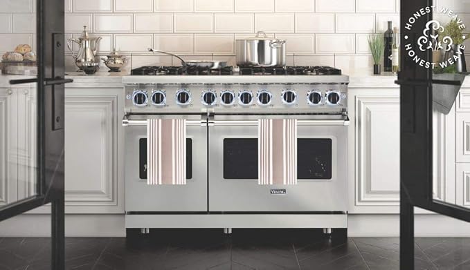 GOTS Certified Organic Cotton Kitchen Hand and Dish Towel Sets - Oversized 20x30 inches, Fully Hemmed, in Designer Colors, 6-Pack, Sand Stripe