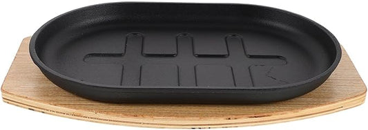 Cast Iron Flat Skillet Set: Pre-Seasoned Steak Plate with Wooden Base - Sizzling Fajita Grills Pan - Nonstick Cooking Pan for Restaurant Catering BBQ Outdoor Campfire