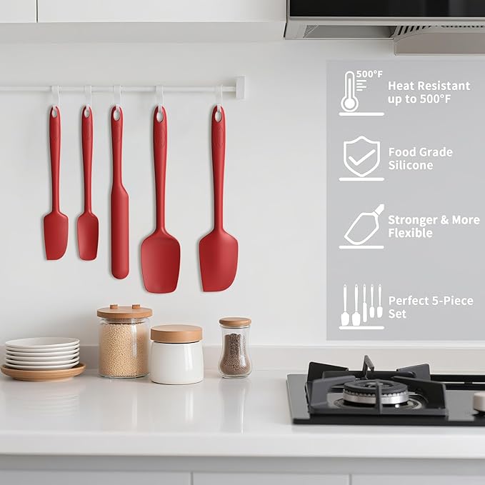 Coukre Silicone Spatula Set of 5,High Heat Resistant, Food Grade Silicone, Upgraded Extended Reinforced Handle,Dishwasher Safe, for Baking, Cooking (Pure Red, Solid color)