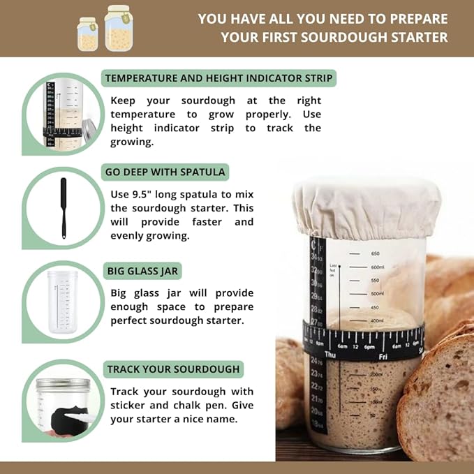 9" Round and 10" Oval Banneton Baskets with Scrapers, Bread Lame, E-Book with Recipes, Glass Jar with Strips, Labels & Chalk Pen, Spatula, Silicone Brush, Dough Whisk, Bread Bag & Heated Proofing Box