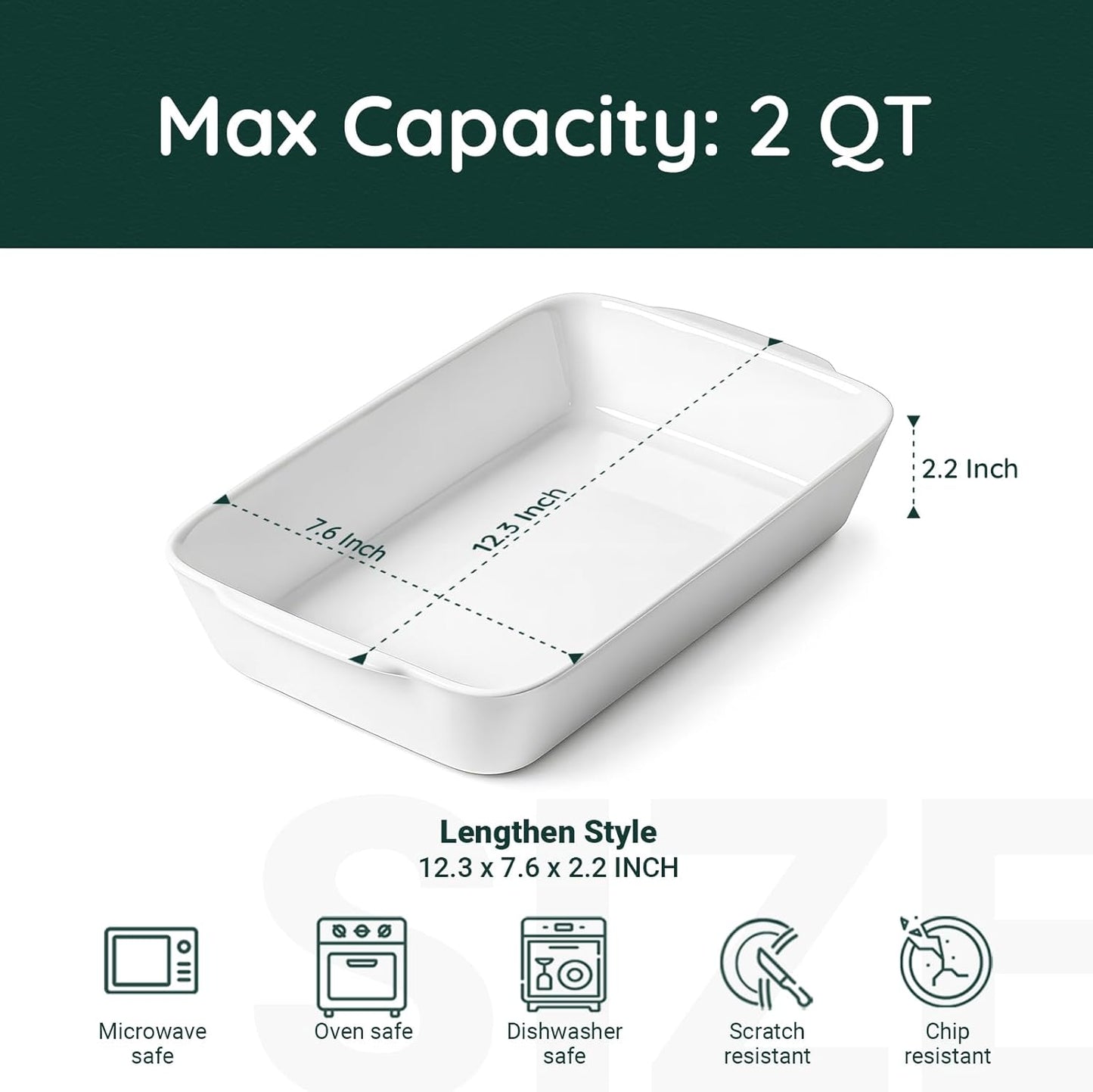 2 QT Small Ceramic Baking Dish, White Casserole Dish with Roasting Racks, Lasagna Pan for Oven, Ceramic Baking Pan, Kitchen Decor, Microwave Oven Safe, Dinner, Wedding (7.6" x 12.3")