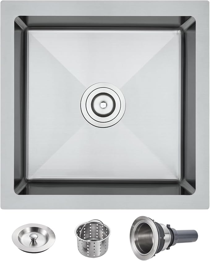 Kitchen Sink, POPFLY 18 Inch Undermount Kitchen Sinks, 304 Stainless Steel Single Bowl 9 Inches Deep Small Bar or Prep Sink, Brushed Nickel Fregadero（18×18×9）