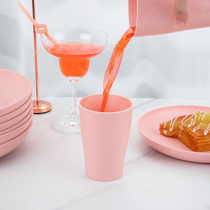 Supernal Pink Wheat Straw Dinnerware Sets,Unbreakable Dishes for 8, Plate and Bowls Sets, Reusable Plates, Microwave Dishwasher Safe Plates,Plastic Dinnerware Set, Pink Plastic Tableware