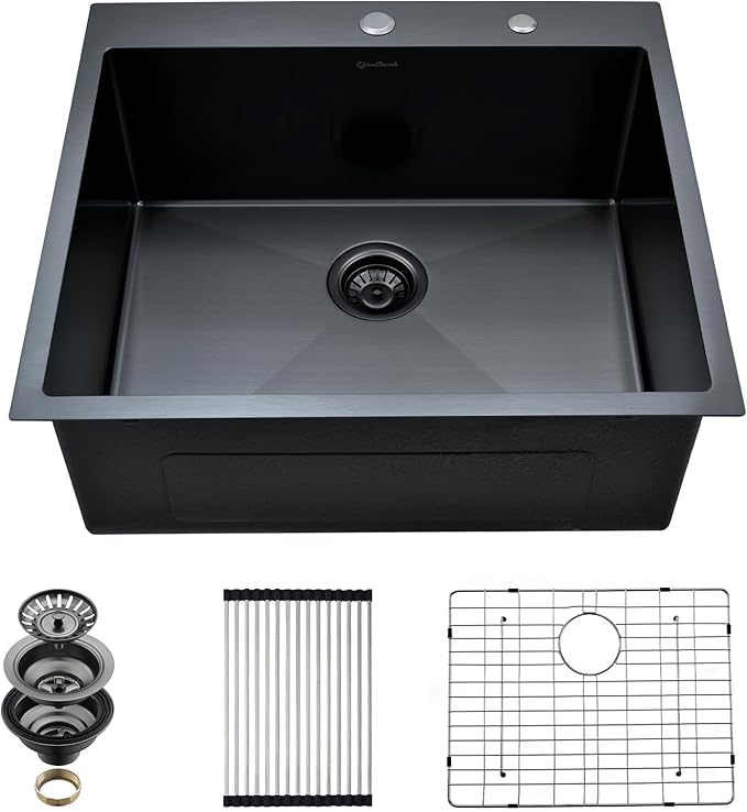 Drop In Kitchen Sink, 25 x 22 Inch Single Bowl Topmount Sink 16 Gauge T-304 Stainless Steel Gunmetal Black Kitchen Sinks