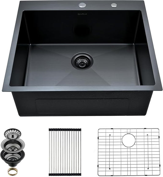 Drop In Kitchen Sink, 25 x 22 Inch Single Bowl Topmount Sink 16 Gauge T-304 Stainless Steel Gunmetal Black Kitchen Sinks