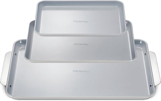Caraway Non-Stick Ceramic Baking Sheet Trio - Naturally Slick Ceramic Coating - Non-Toxic, PTFE & PFOA Free - 18 x 13" Large, 15 x 10" Medium, & 9" x 13" Small - Gray
