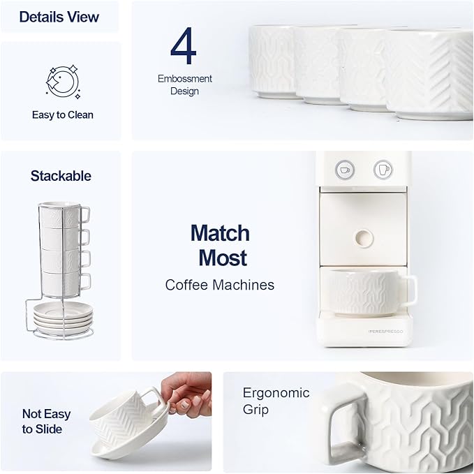 Sureasy Ceramic Espresso Cups Set of 4 – 4 oz White Embossed Cappuccino Cups with Saucers and Metal Stand, Stackable Mugs for Latte, Mocha, Tea, and Specialty Coffee