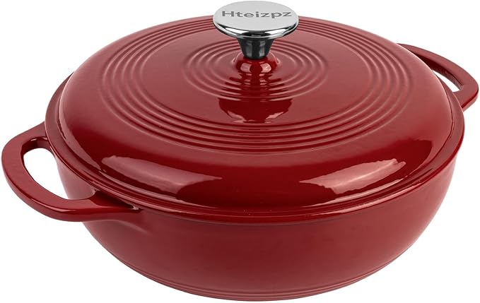 Enameled Cast Iron Dutch Oven Pot with Lid, 3 Quart Shallow Dutch Oven, Oven Safe up to 500° F, Suitable for Bread Baking, Braising, Roasting, Stews, Red