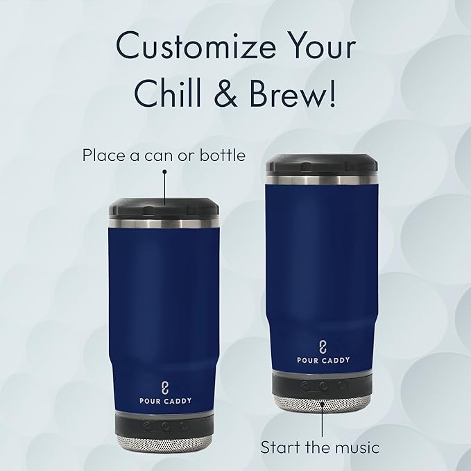 Chill & Brew, Insulated Can & Bottle Holder, Bluetooth Cup with Speaker, Fits 12 oz Cans, Skinny Cans, Most Bottles & Cold Drinks, Navy Blue