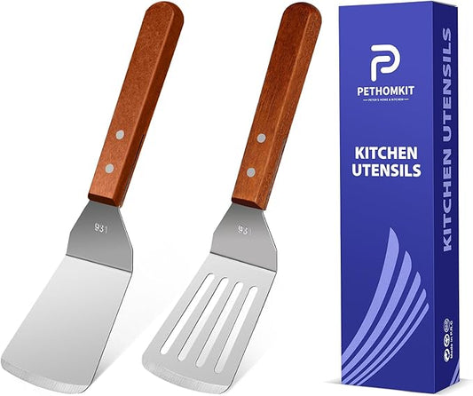 Metal Spatula Set for Kitchen Use,2Pcs Large Stainless Steel Spatulas for Cast Iron Skillet,Wood Handle Wok Flat Top Grill Griddle Spatula Turner Flipper Utensil Set for Burgers Pancake Egg Fish BBQ