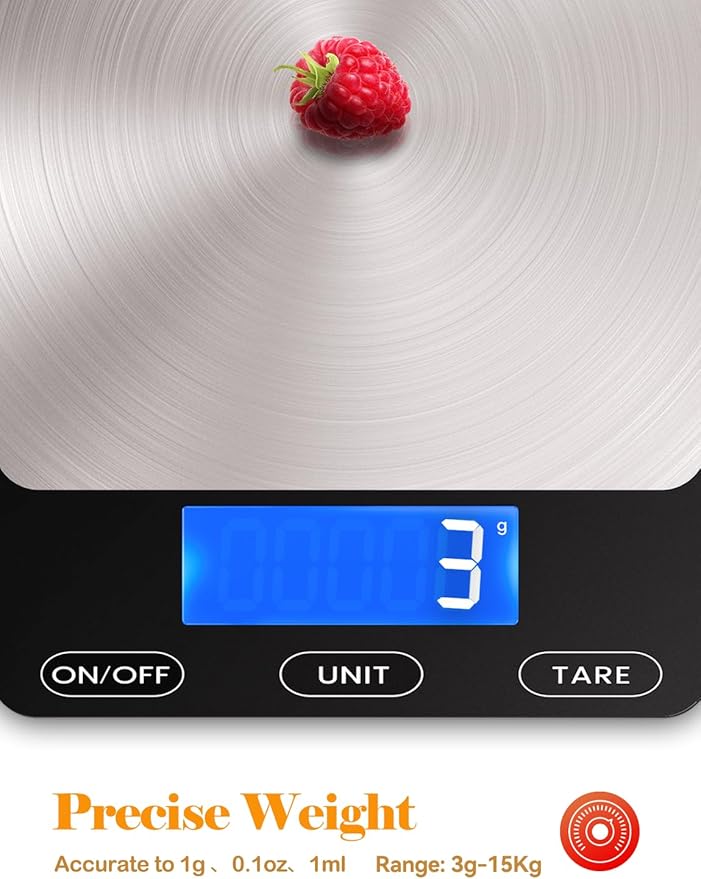 Food Scale -33lb Digital Kitchen Scale for Food Ounces Grams Rechargeable 304 Stainless Steel,Batteries and Type-C Charging | Perfect for Meal Prep, Cooking, and Baking, Black