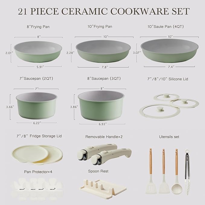 Pots and Pans Set Healthy Non toxic Non Stick Ceramic Cookware Set 21 Pcs Detachable Handles, Oven Safe, Induction Dishwasher, Stackable Frying Pan (PFOS, PFOA Free),Green