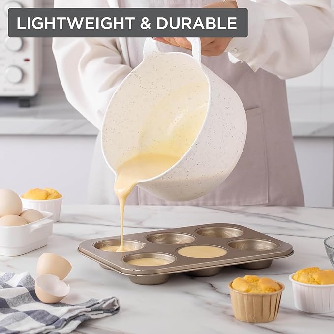 COOK WITH COLOR Nesting Plastic Mixing Bowl Set with Pour Spouts and Handles and Non Slip Bottom, Speckled White, 4 Piece