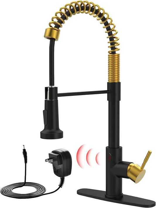 GIMILI Black and Gold Touchless Kitchen Faucet with AC Adapter, Smart Motion Sensor Hands Free Single Handle Kitchen Sink Faucet with Pull Down Sprayer
