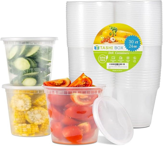 TashiBox 24 oz-30 Sets Plastic Deli Disposable Food Storage Containers With Airtight Lids,Slime, Soup, Meal Prep Containers | BPA Free | Stackable | Leakproof | Microwave/Dishwasher/Freezer Safe