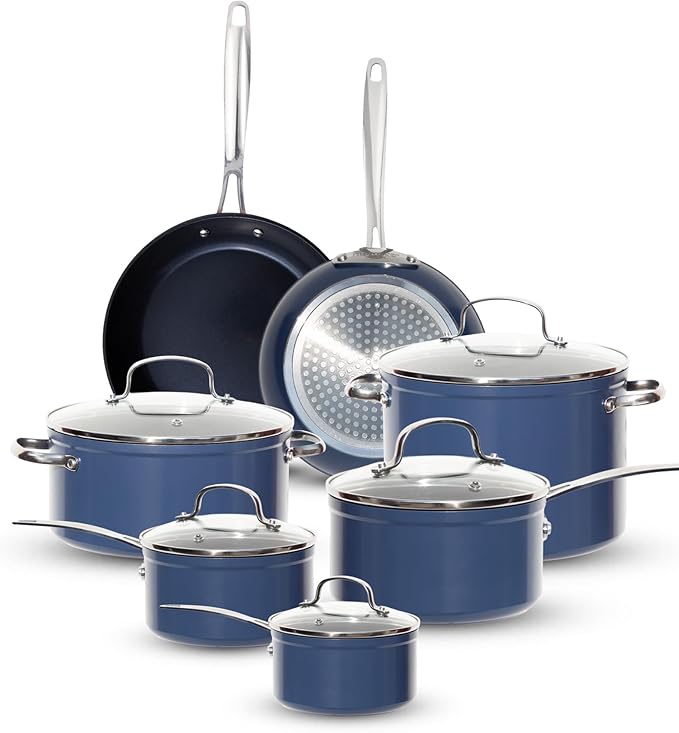 Nuwave Healthy G11-Pots and Pans Set Non Stick, 9H Near-Diamond Hardness Scratch-Resistant, Works on All Stovetops, PFAS Free, with Frying Pans, Saucepans & Glass Lids, Stay-Cool Handles, Deep Blue